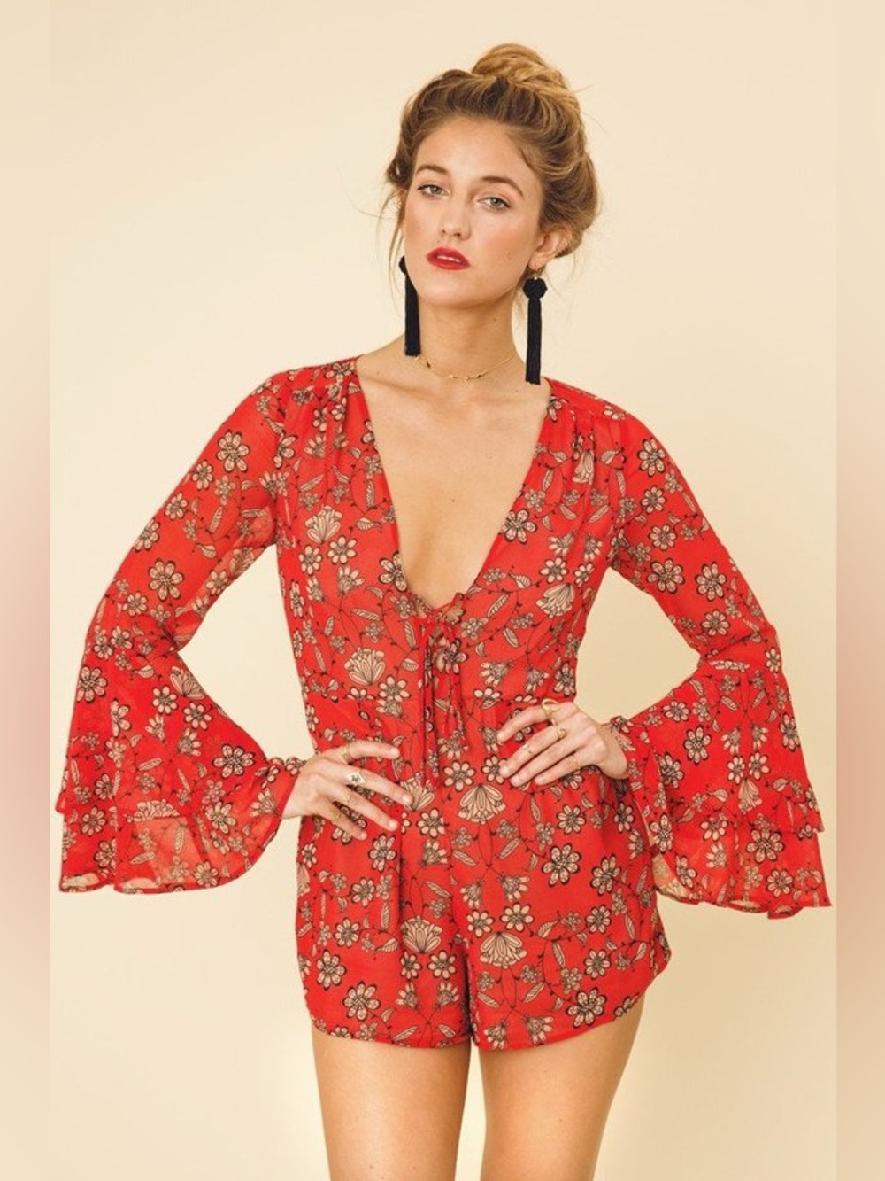 For Love & Lemons Red PIA Romper Boho Flowy Sleeves Large NWT